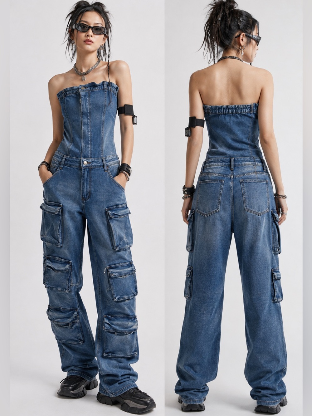 Akira Strapless Blue Cargo Distressed Streetwear Y2K Gorpcore Jumpsuit Large